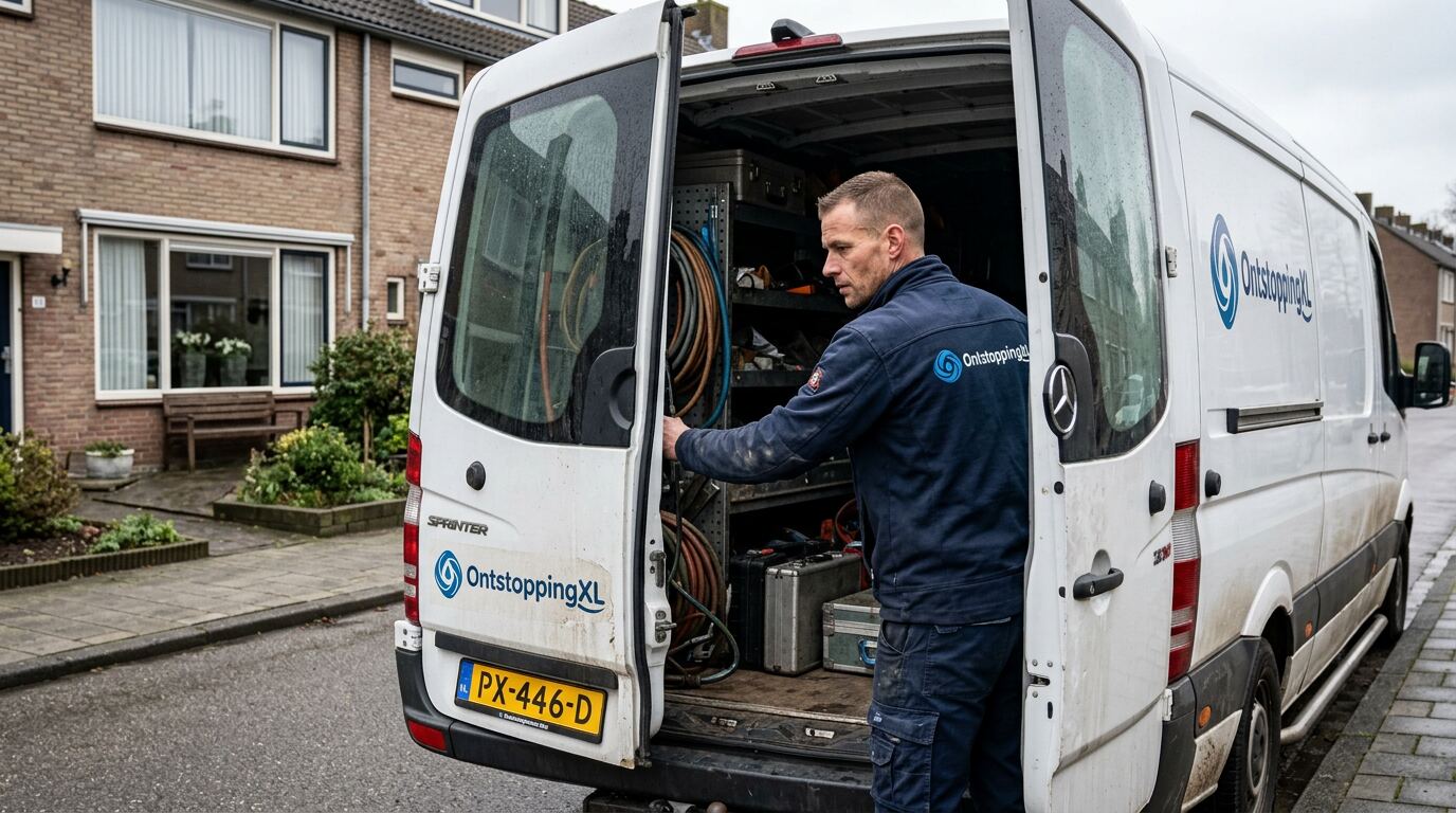 Monteur haalt camera-inspectieapparatuur uit de OntstoppingXL bus
