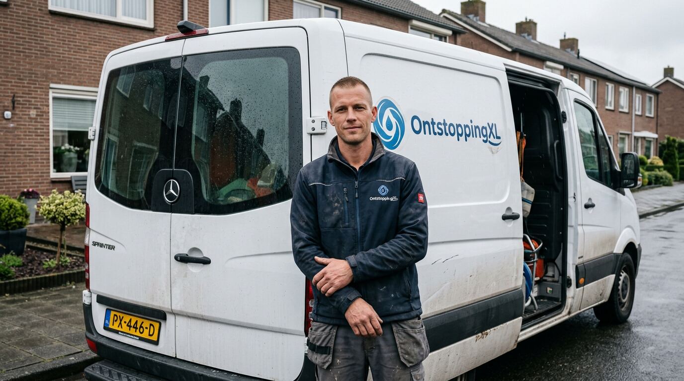 De herkenbare gele OntstoppingXL bus geparkeerd voor een woning tijdens een noodinterventie